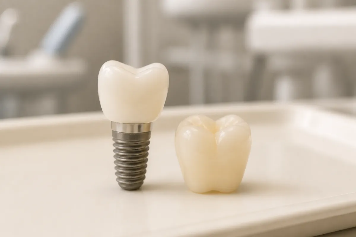 Dental implant and crown model used to explain implants in Moshi.