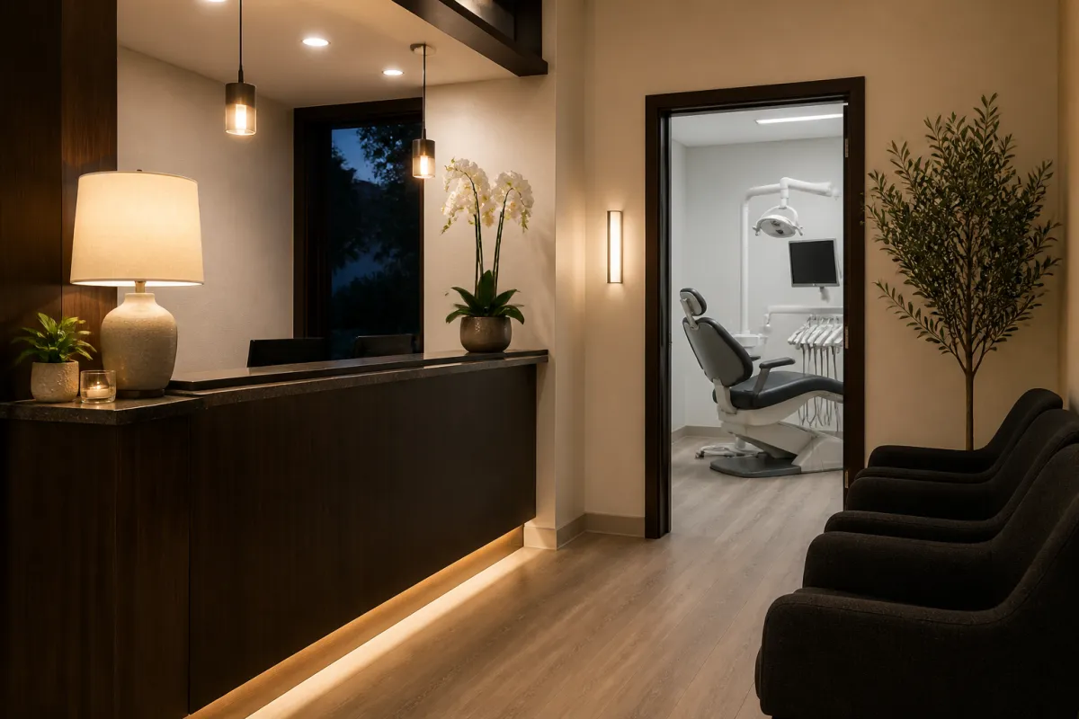 Evening dental reception desk ready for emergency dentist visits in Moshi.