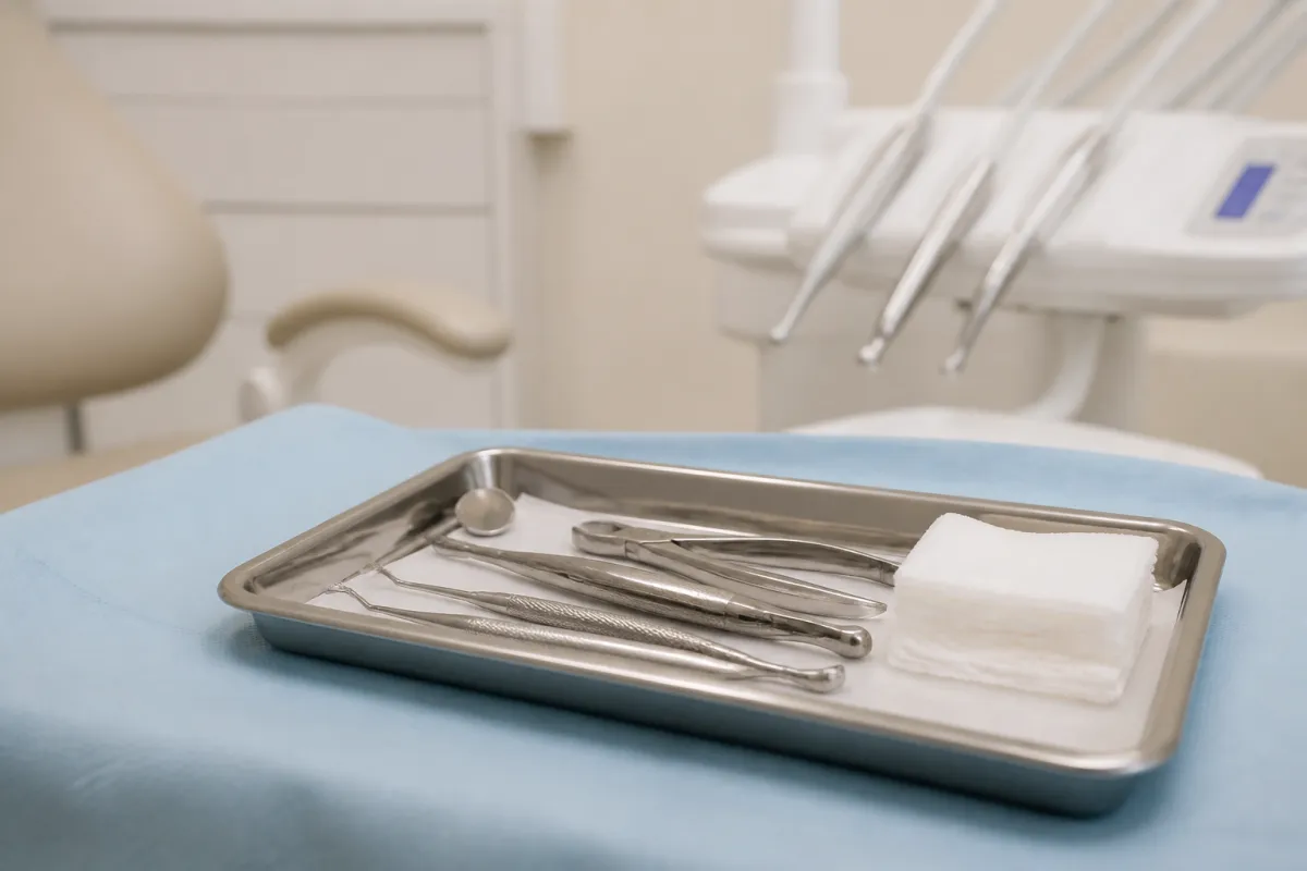 Dental forceps and gauze prepared for wisdom tooth removal in Moshi.
